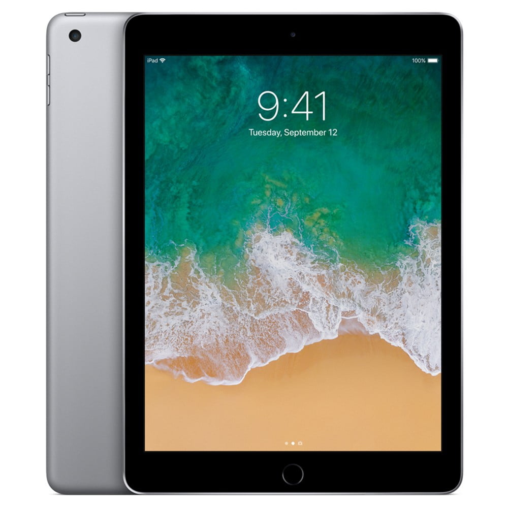 Apple iPad 9,7″ 2017 32GB WiFi + Cellular Grigio ricondizionato, vista anteriore e posteriore