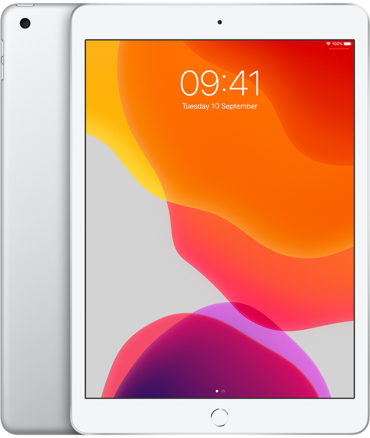 Apple iPad 10,2″ 2019 32GB WiFi Argento ricondizionato, vista anteriore e posteriore