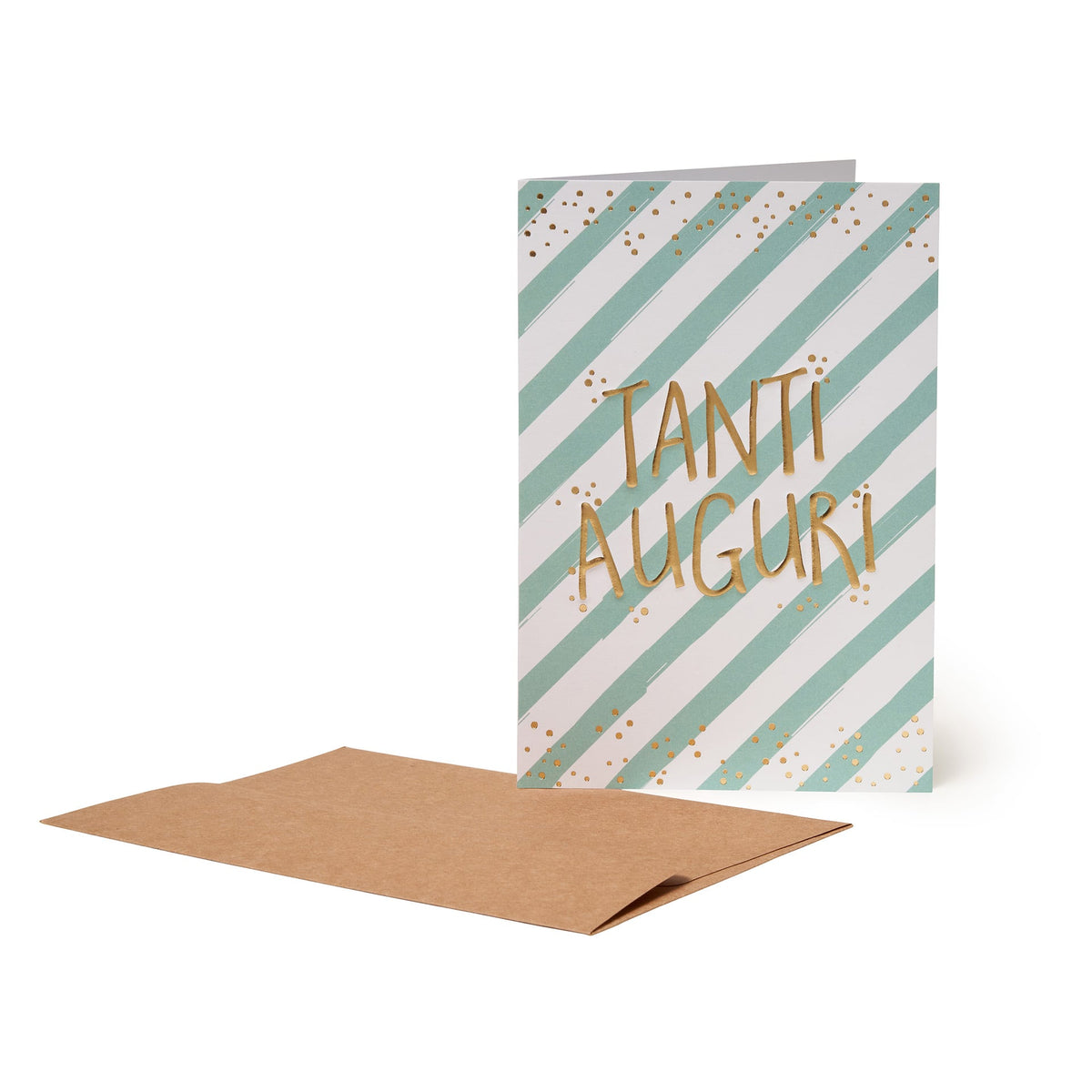 Biglietto Legami Tanti Auguri Righe con righe verde acqua e bianche, scritta dorata e busta kraft