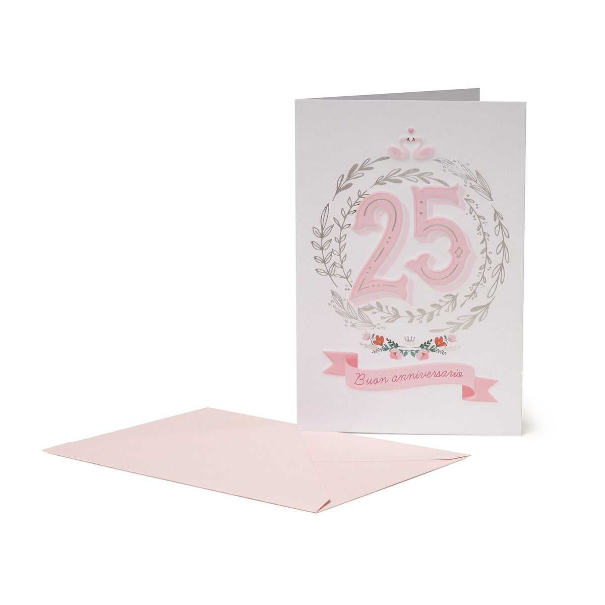 Biglietto Legami per il 25° anniversario con numero rosa, fiori, cigni e busta rosa chiaro