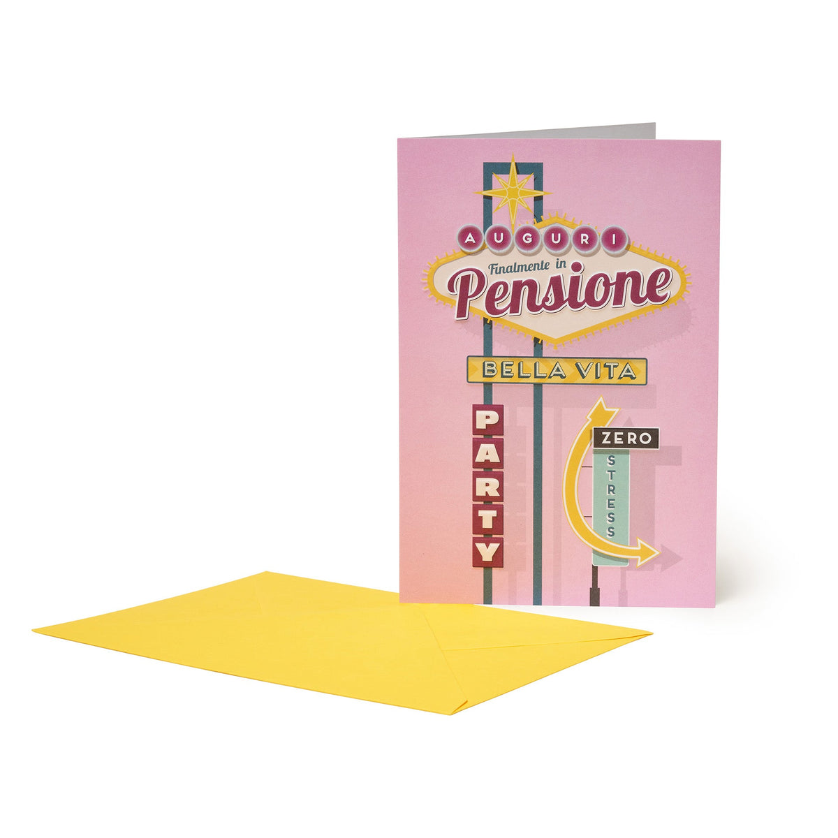 Legami Finalmente in Pensione Lei, biglietto rosa con busta gialla